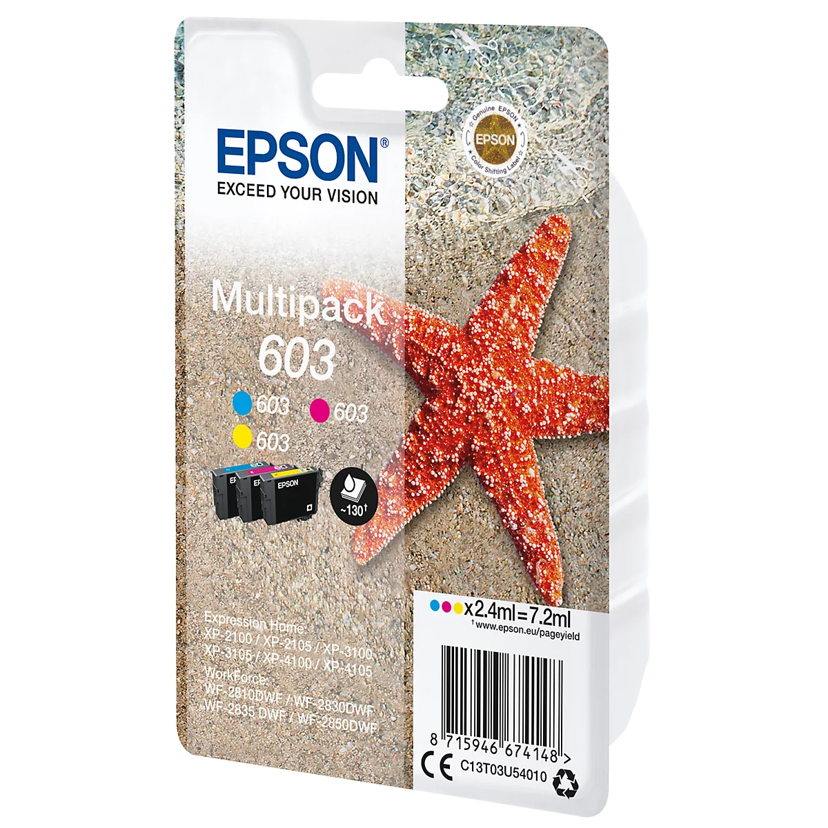 Epson ink cartridge multipack 603 with starfish in front of sandy beach.