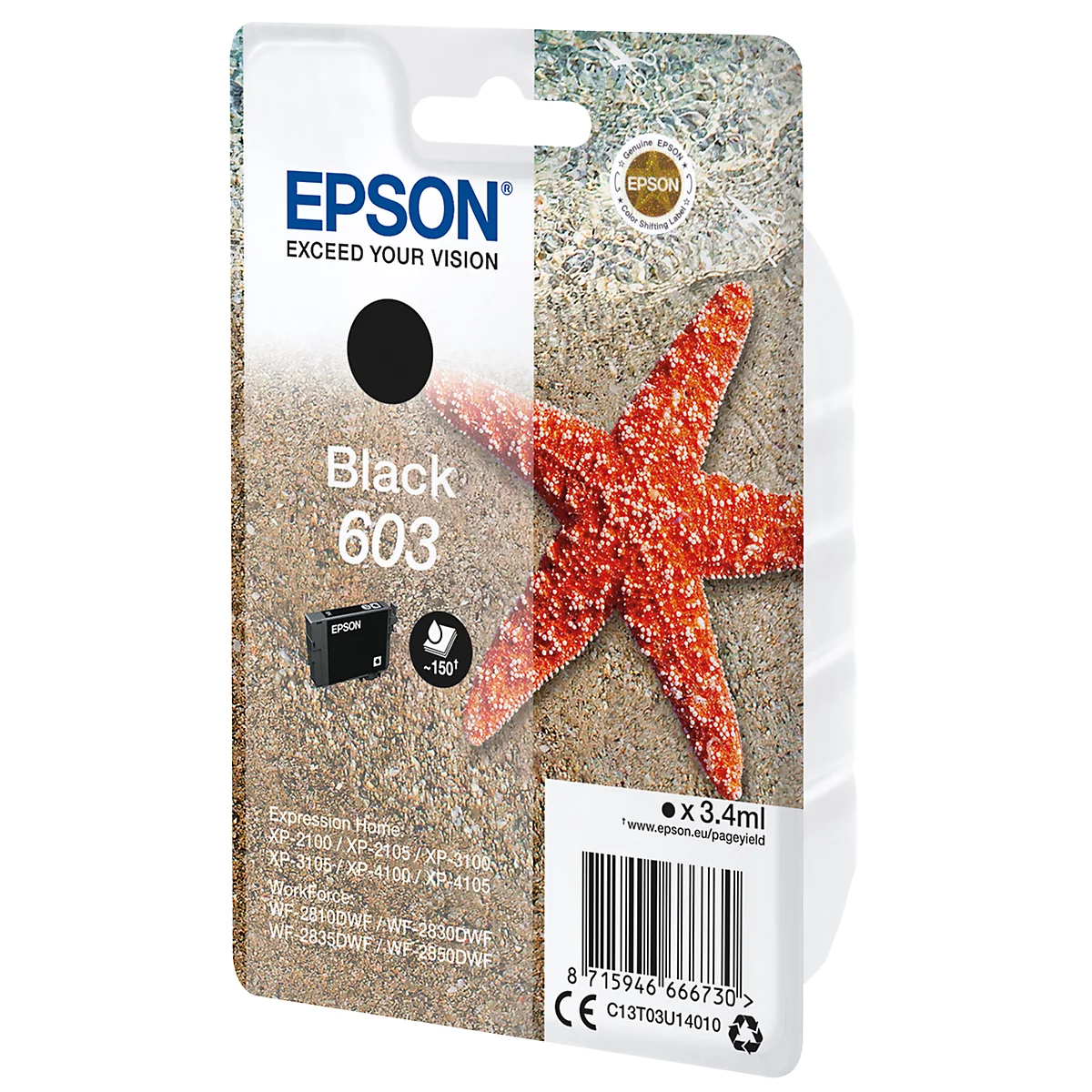 Black Epson 603 ink cartridge next to a starfish on sand.