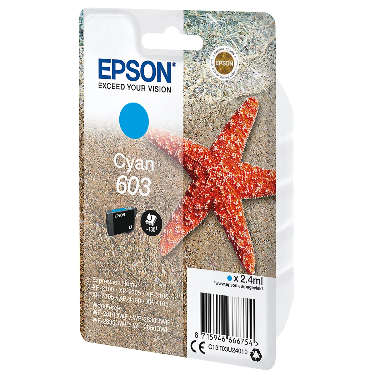 Epson cyan ink cartridge with starfish background. Product name and specifications are visible.