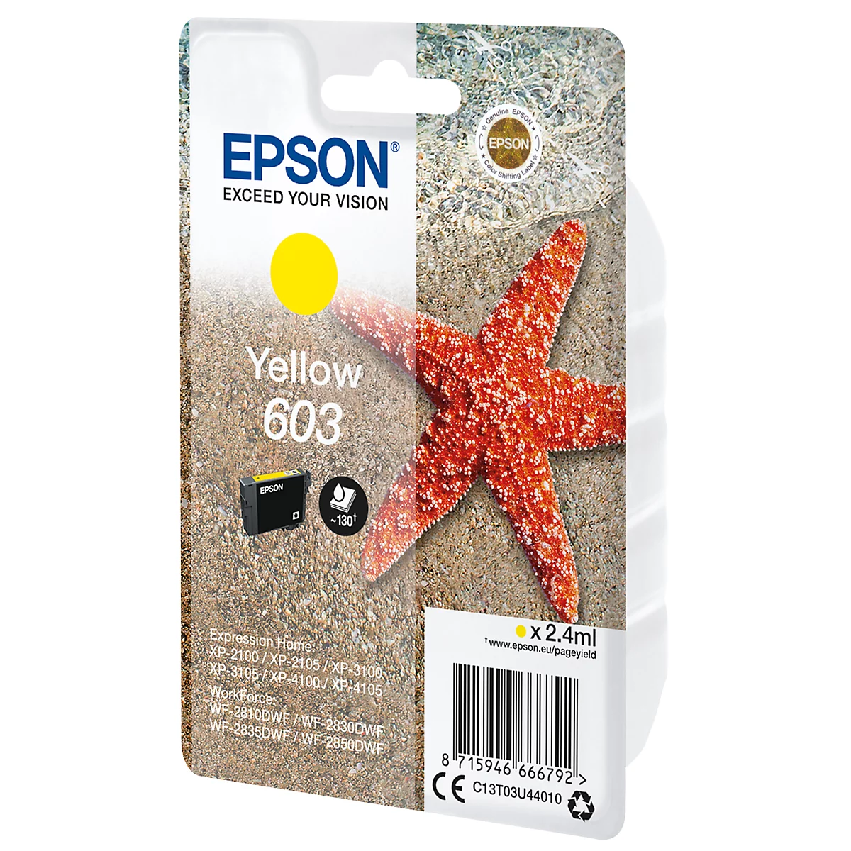 Yellow Epson ink cartridge with a red starfish on a sandy background. Inscription: Yellow 603.