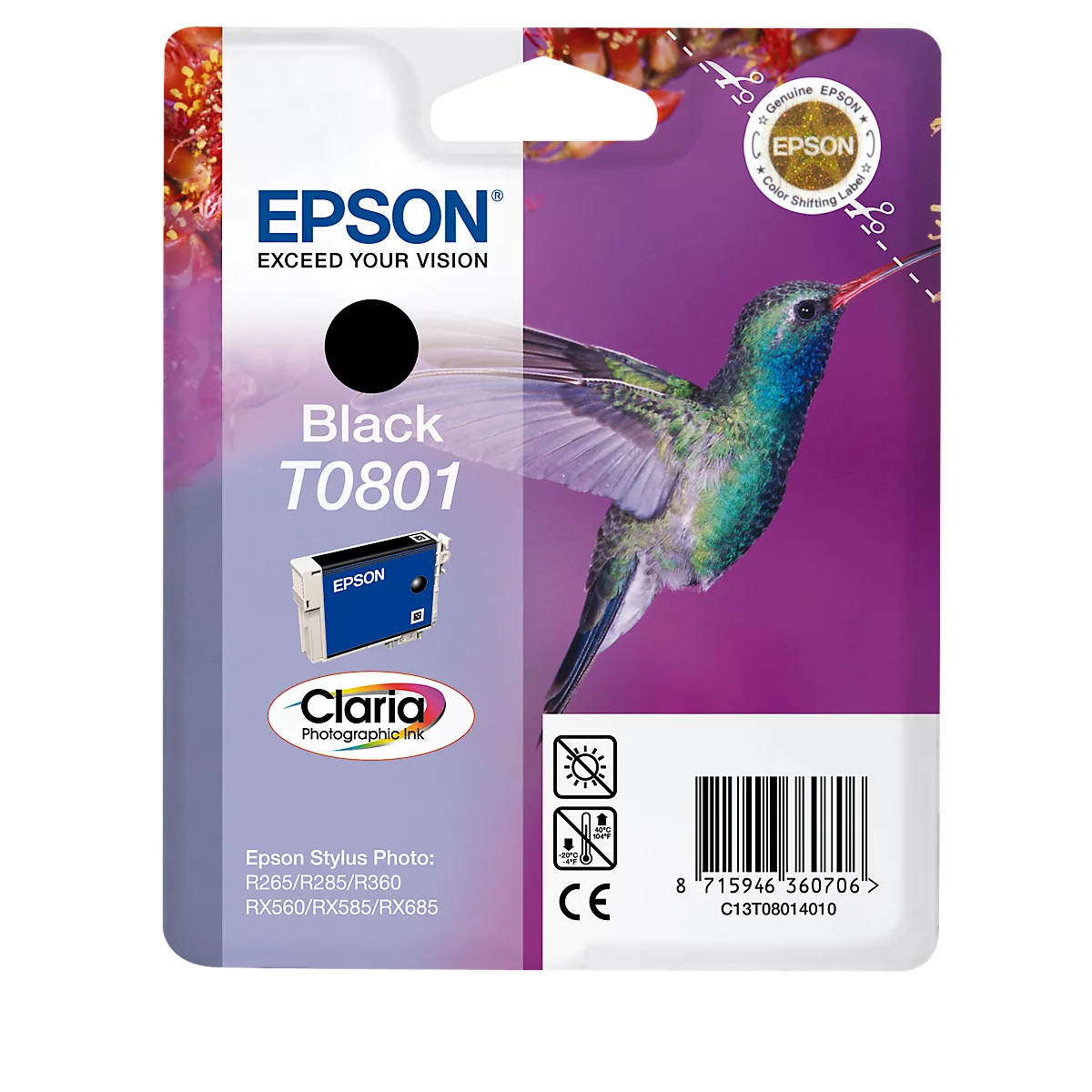 Black Epson ink cartridge T0801 with a hummingbird on a purple background.