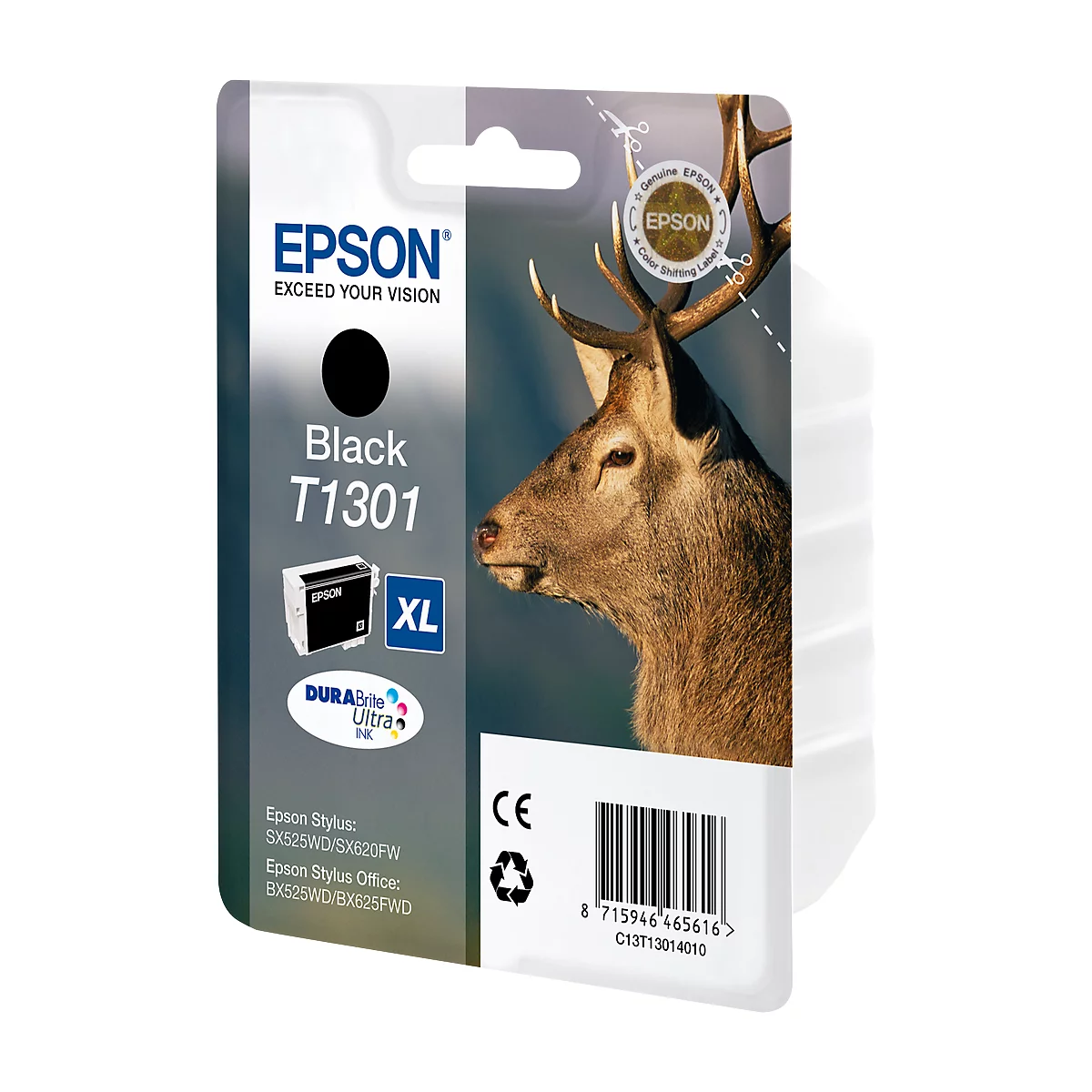 Epson T1301 black ink cartridge with a deer image in the background. The package displays brand logos and product information.