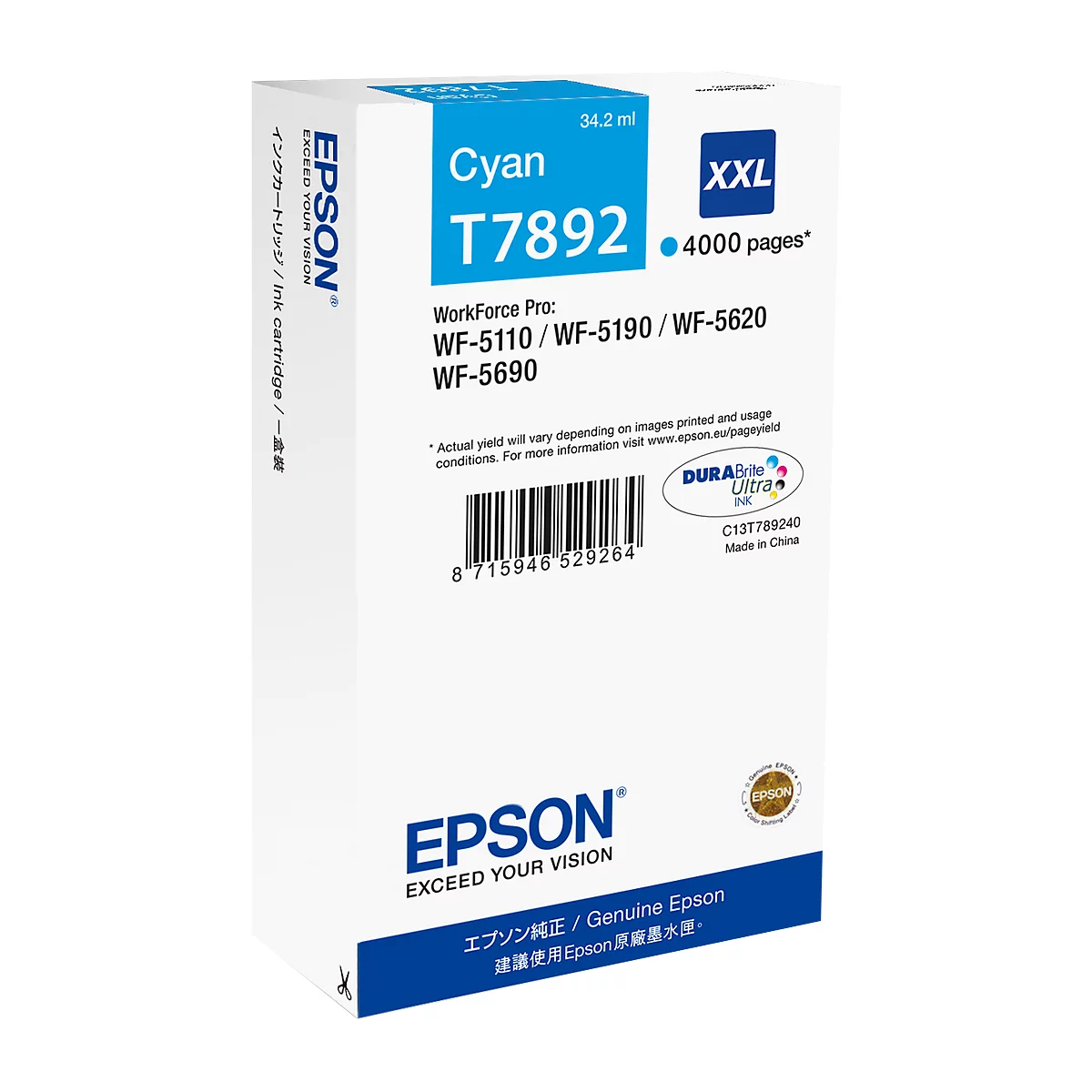 A white Epson ink cartridge, Cyan, T7892, XXL. Prints: WorkForce Pro, 4000 pages. Barcode and logo.