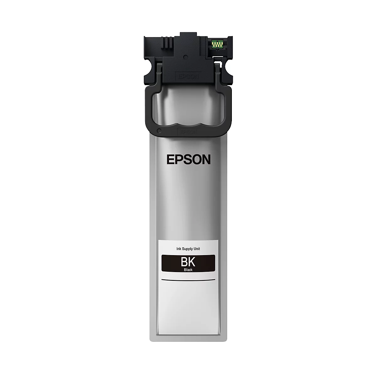 Black Epson ink cartridge, gray container with black lid, "EPSON" logo, "BK" label.