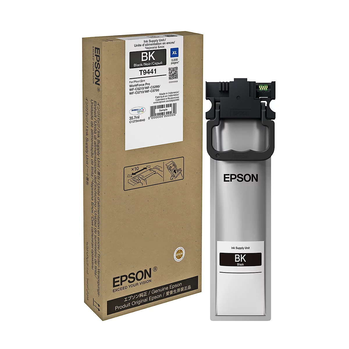 An ink cartridge and its corresponding packaging. The packaging displays the product name "BK" and the brand "Epson".