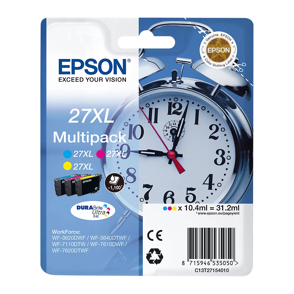 Epson 27XL multipack ink cartridge with a clock background. Colors: black, cyan, magenta, yellow. Inscription: DURABrite Ultra.