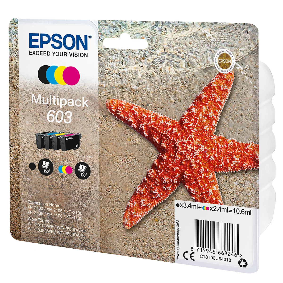Epson ink cartridge multipack 603 with a red starfish decoration on sand. Pack with black, blue, yellow and pink ink.