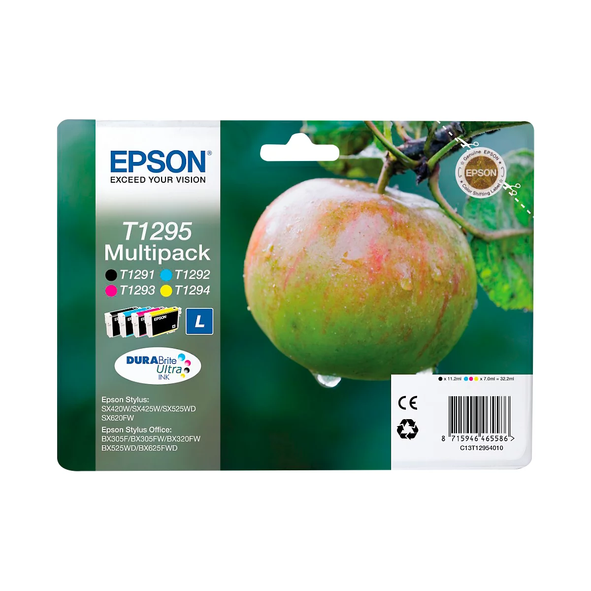 Epson printer ink multipack with an apple against a green background.