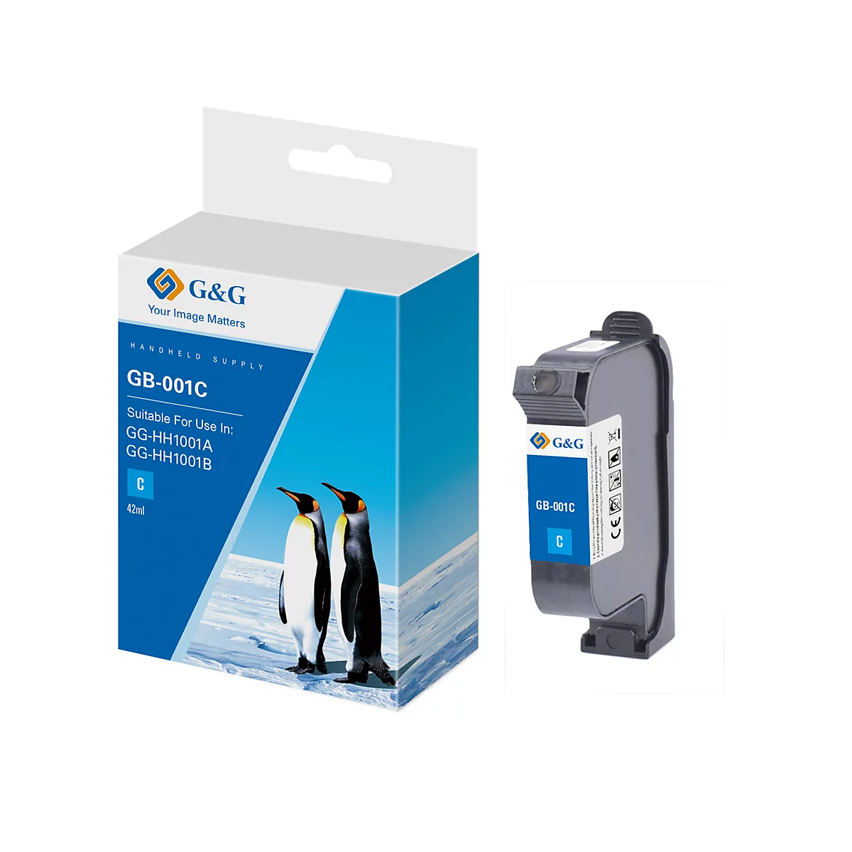 Tintenpatrone und Verpackung mit Pinguinen, Text: GB-001C, geeignet für GG-HH1001A und B. G&G Logo.