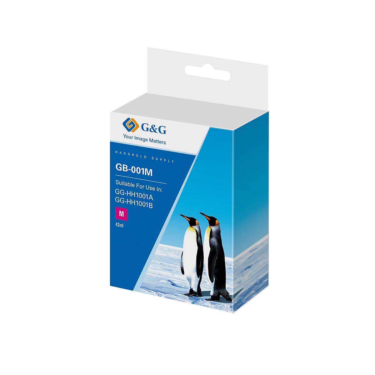 Tintenpatrone mit Pinguinen und Text. Aufschrift: GB-001M, GG-HH1001A, GG-HH1001B, G&G. Auf der Packung ist ein Pinguin-Motiv zu sehen.