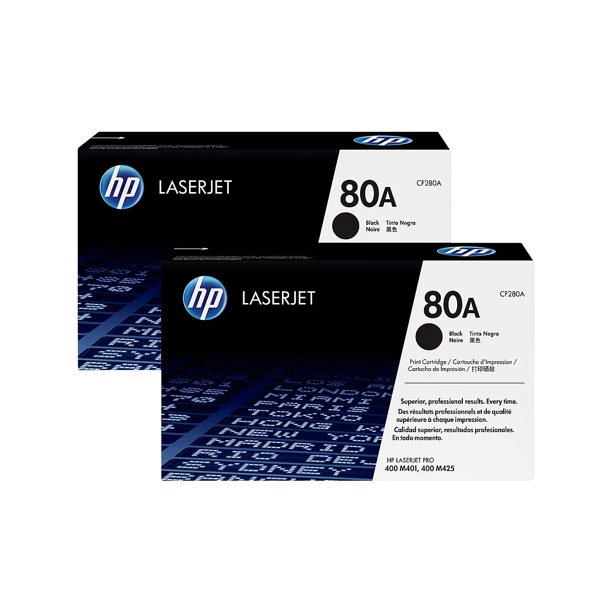 Two black HP LaserJet toner cartridges. Both show the HP logo, the number 80A, and text in multiple languages.