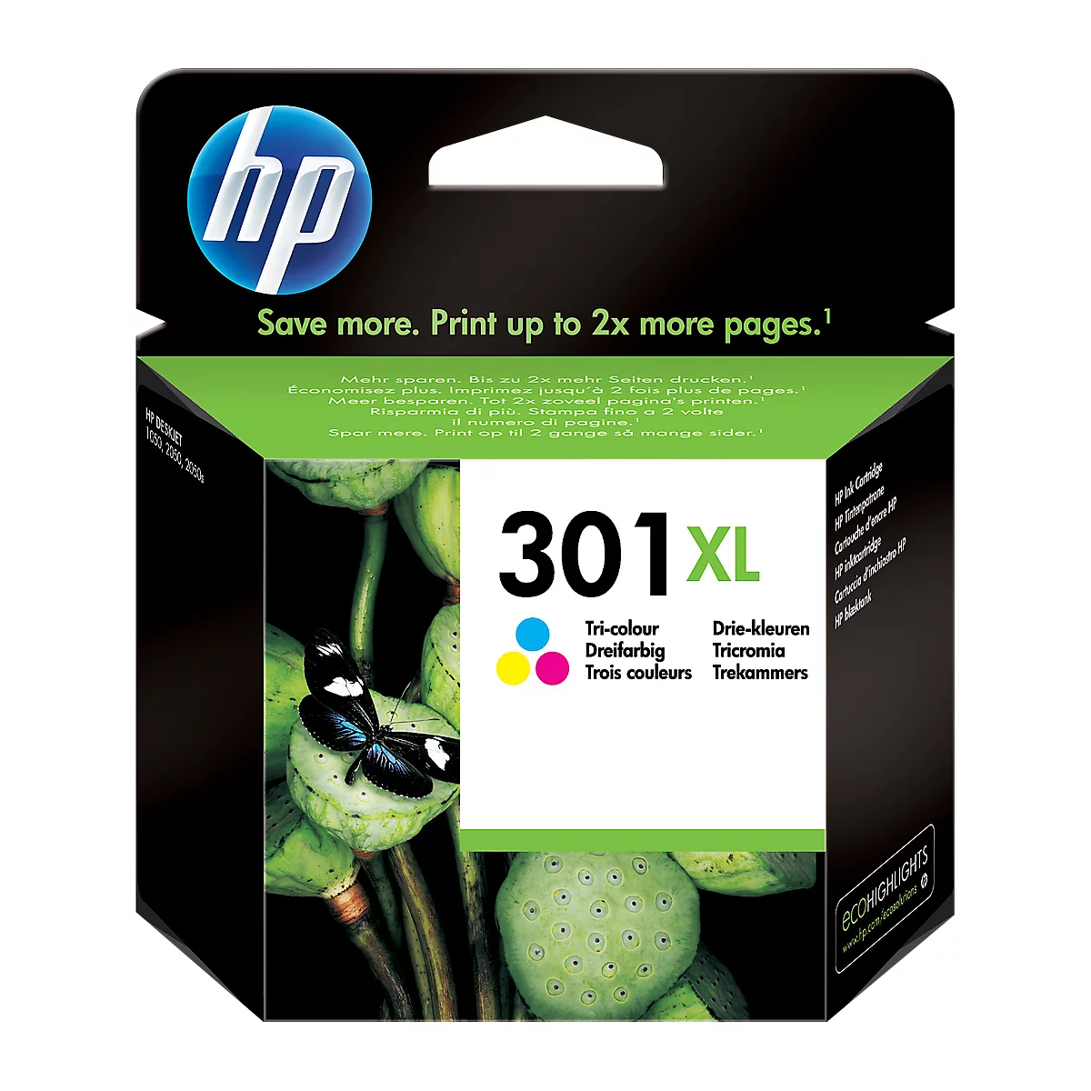 An HP ink cartridge labeled 301XL. There is a colorful, botanical design on the cartridge.