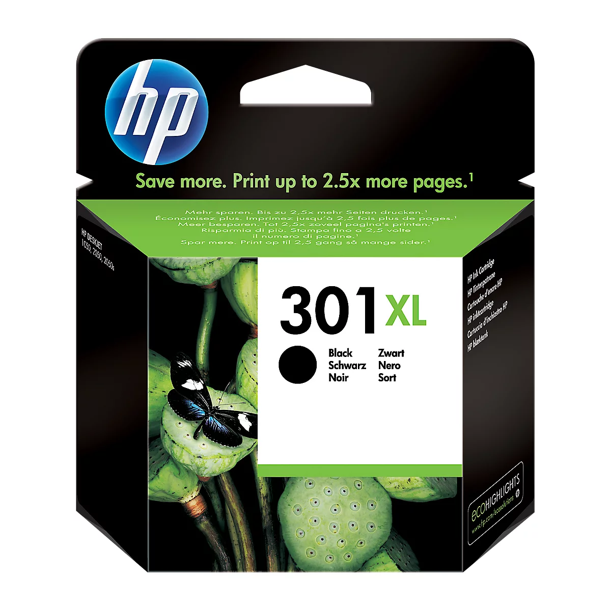 Black HP 301XL ink cartridge with text, butterfly on plant.