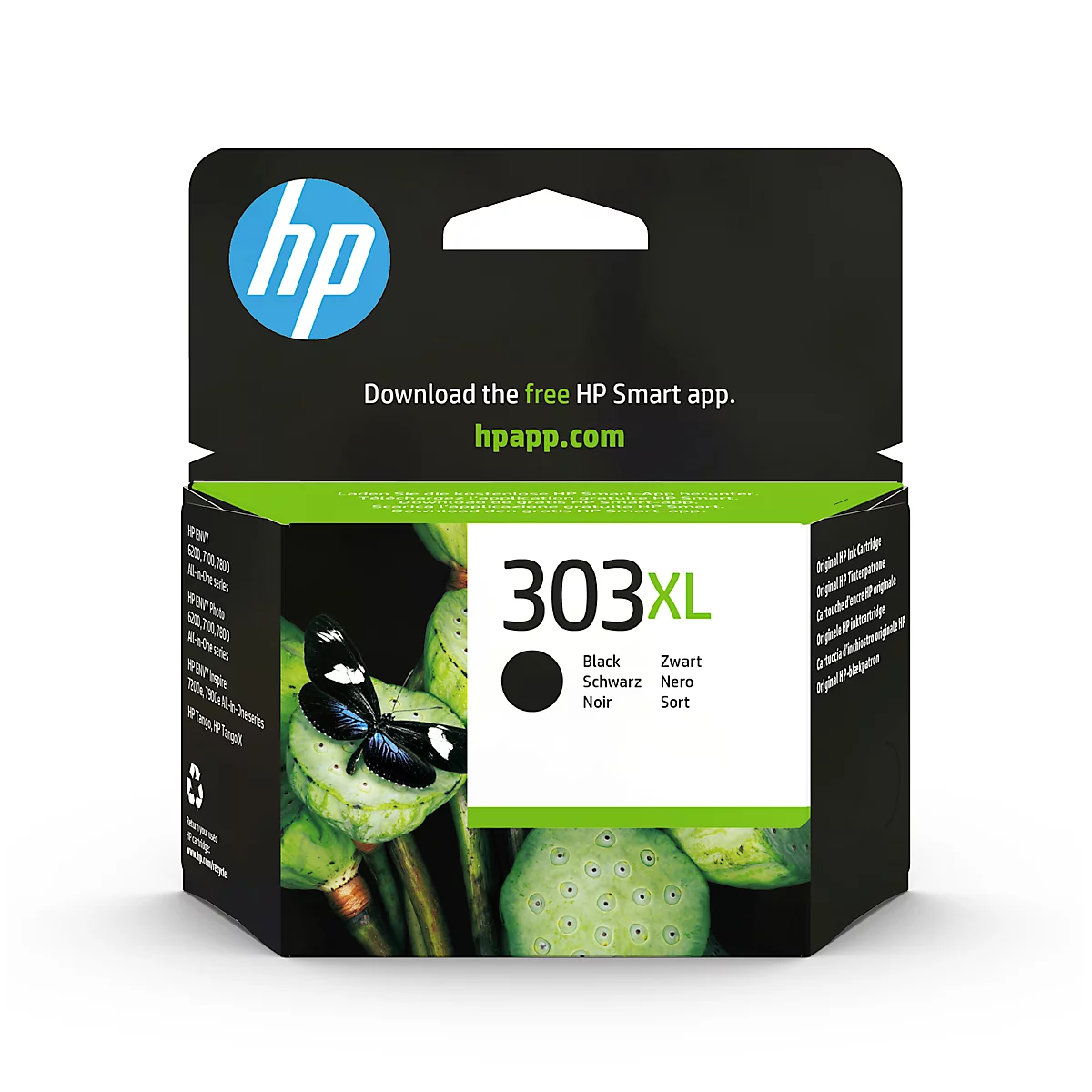 An HP 303XL ink cartridge in its original packaging. Prints: "Black", "Schwarz", "Noir", "Zwart", "Nero", "Sort".