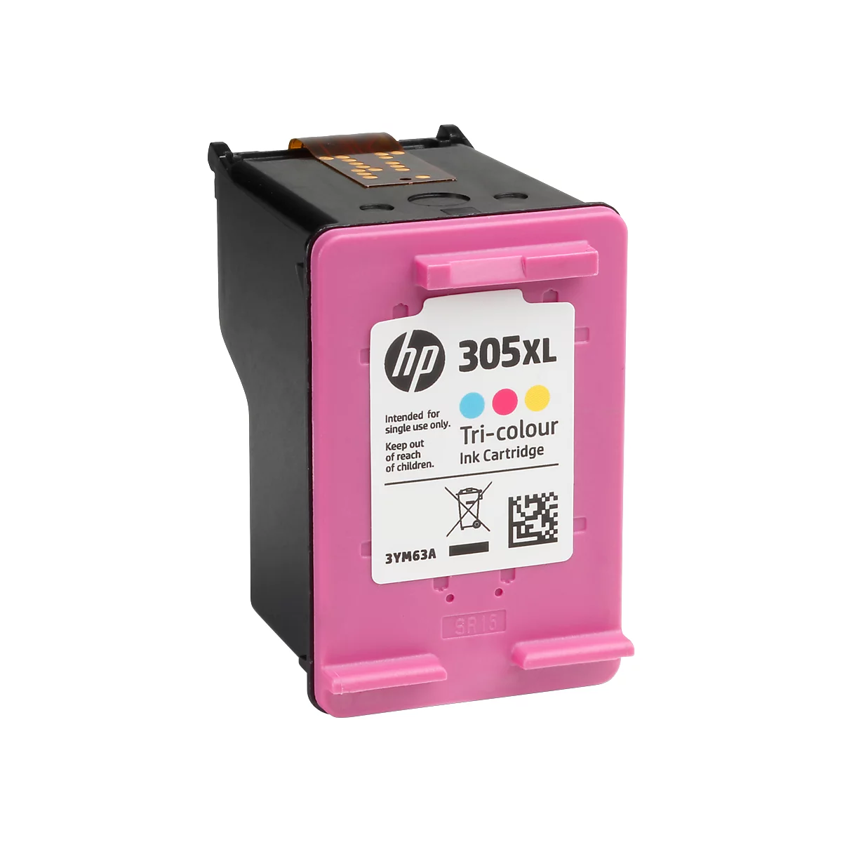 HP 305XL ink cartridge in pink and black. Label with logo, color dots, and warning signs.