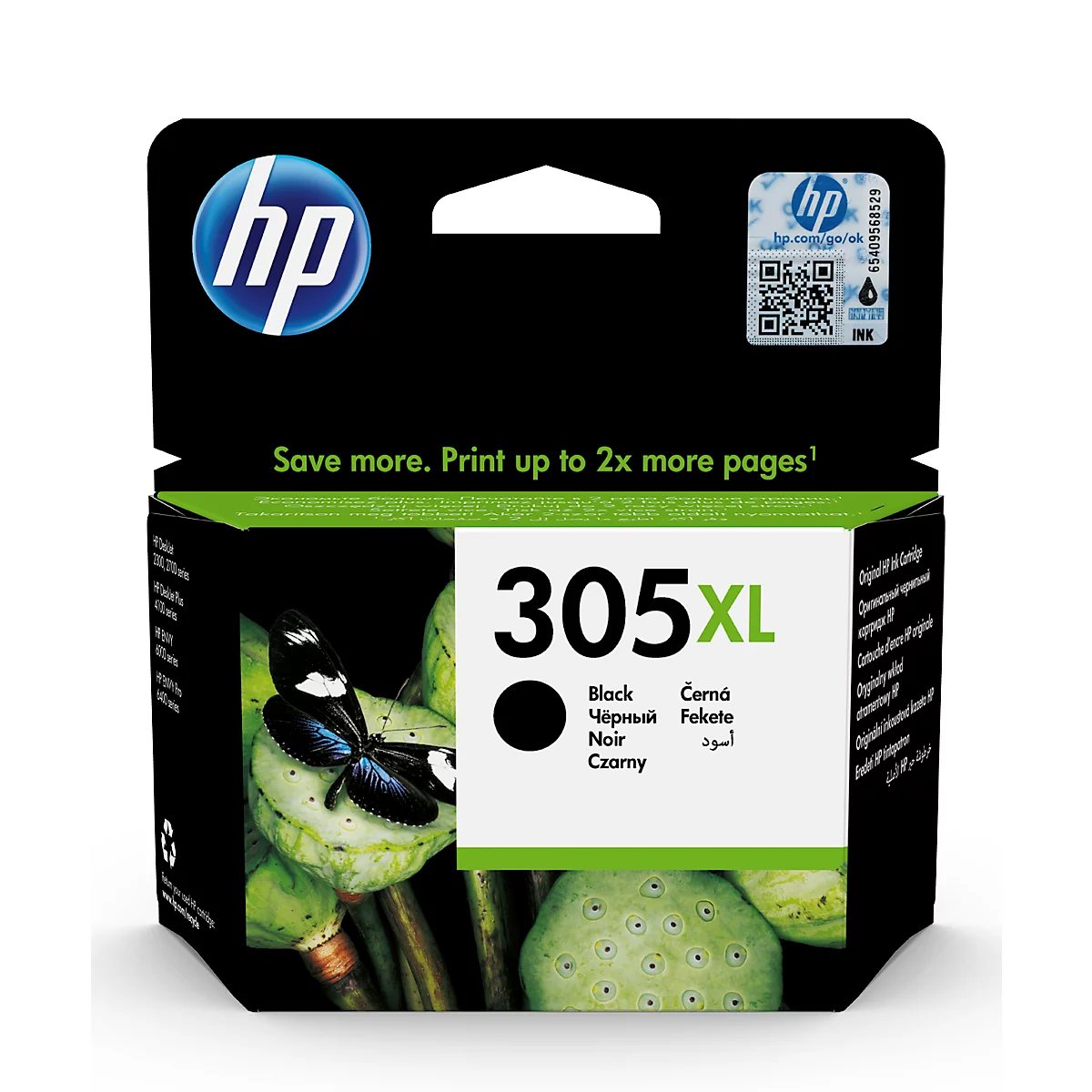 HP 305XL ink cartridge. Black ink in package with text.
