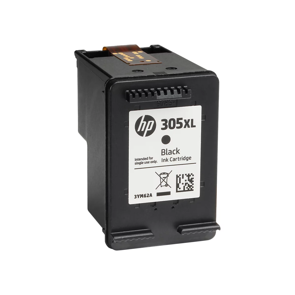 A black HP 305XL ink cartridge. Sticker with logo, product name and symbols.