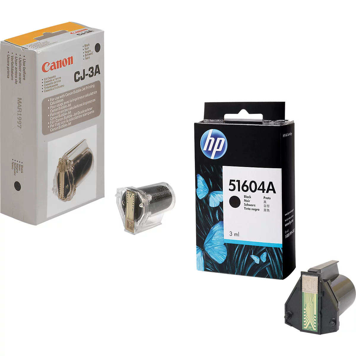 Two ink cartridges, a Canon CJ-3A in a package, an HP 51604A against a black background.
