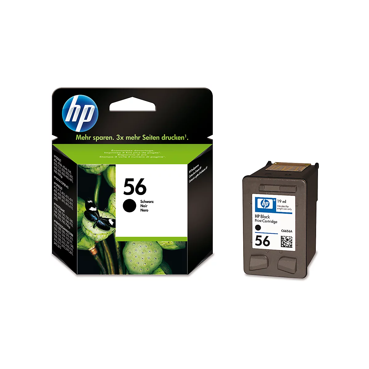 Two black HP ink cartridges, one in original packaging, one individually. Inscription: 56, Black, HP.