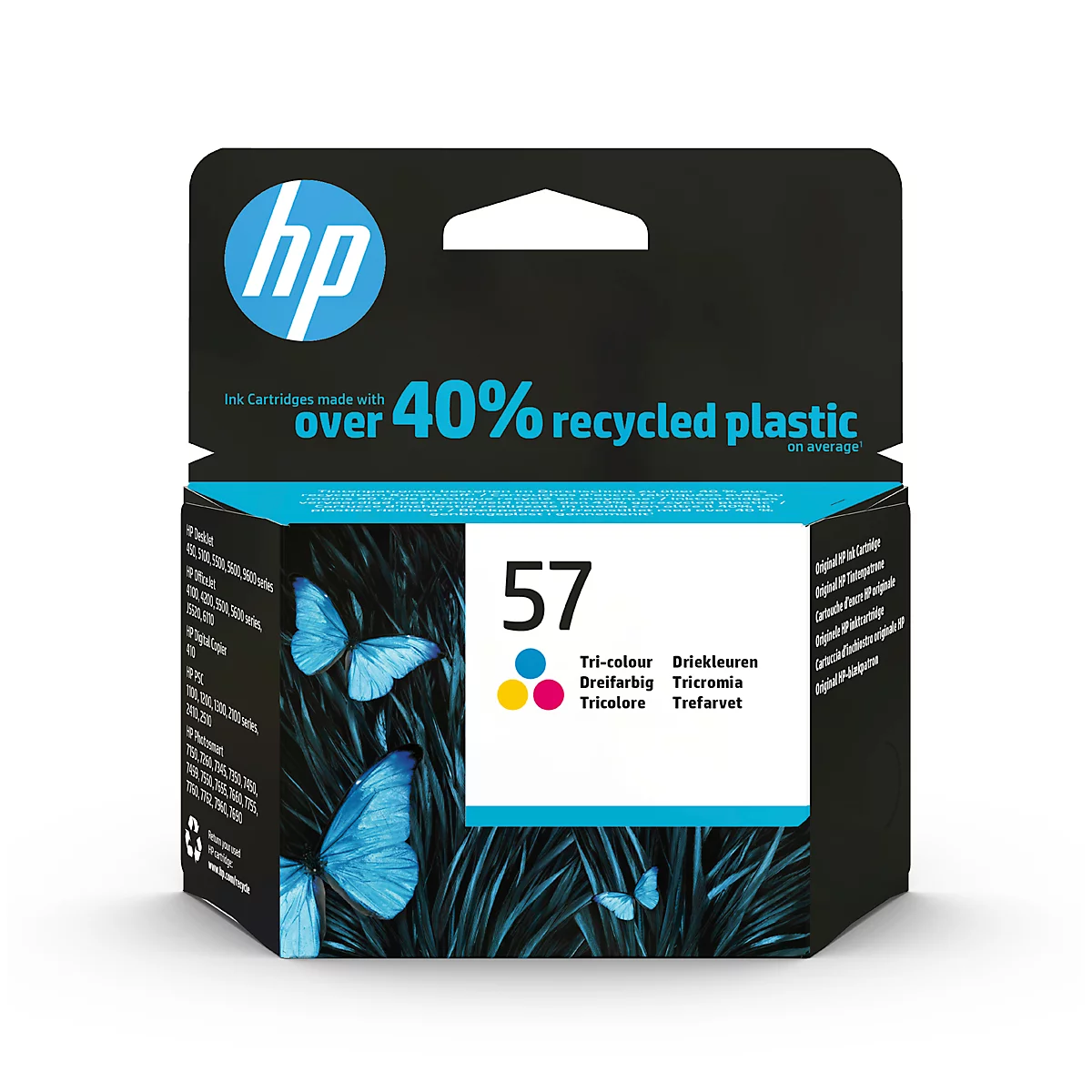 HP ink cartridge no. 57, tri-color. Image with text "over 40% recycled plastic".