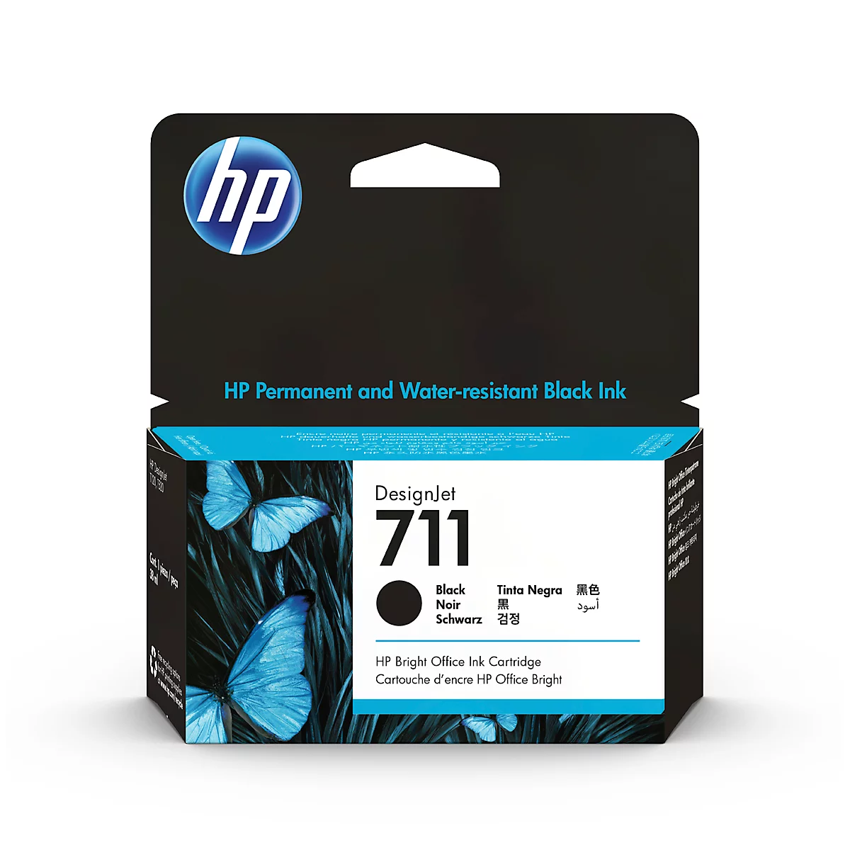 Black ink cartridge HP DesignJet 711. Text reads: Permanent and water-resistant black ink.