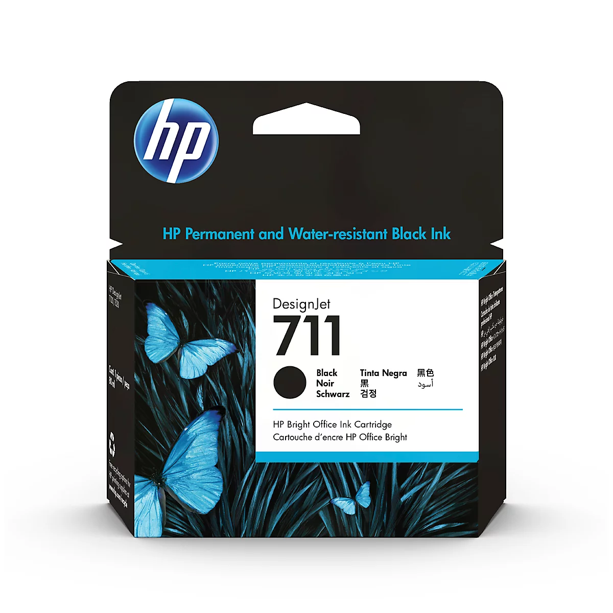 Black HP DesignJet 711 ink cartridge. The packaging shows butterflies, with the imprint 'HP Permanent and Water-resistant Black Ink'.