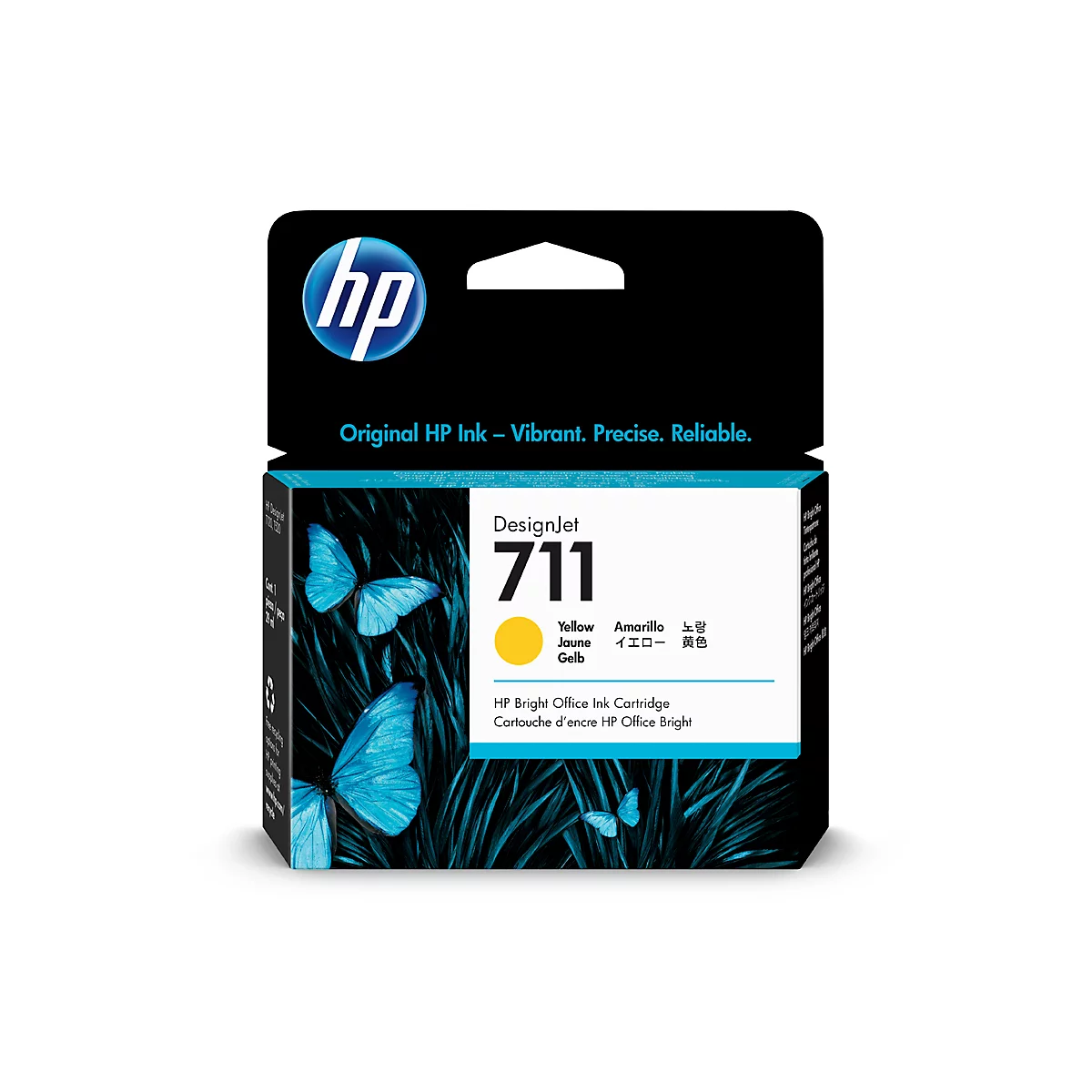 HP DesignJet 711 ink cartridge. Black packaging with blue butterfly pattern and yellow color spot. Text: Original HP Ink.