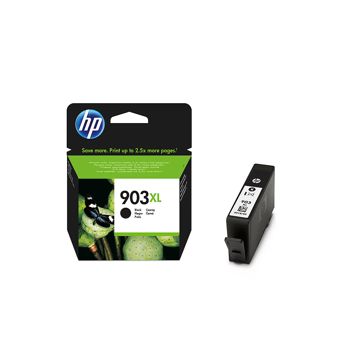 HP 903XL ink cartridge and packaging against white background. Black cartridge and packaging, print 903XL, Black, Cyan, Yellow, Magenta.