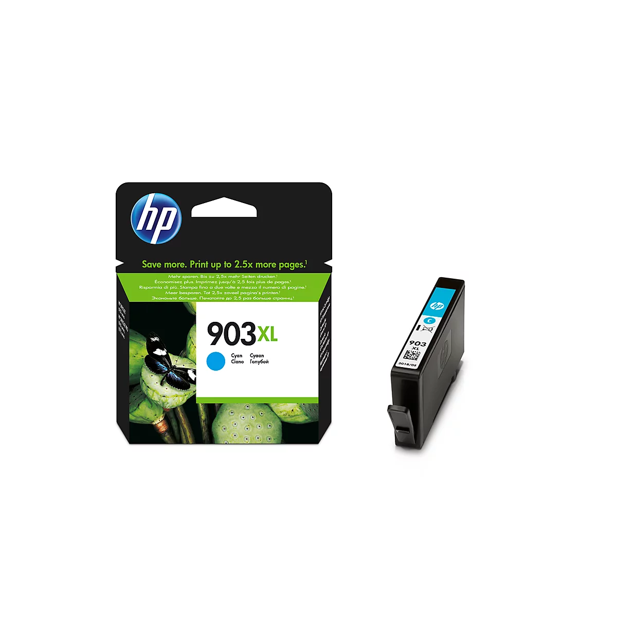 HP 903XL cyan ink cartridges. A package and the cartridge are on a white background.