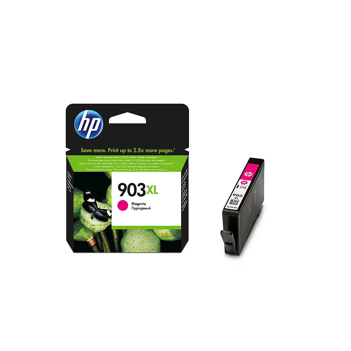 HP 903XL magenta ink cartridge. Print, cartridge next to it.