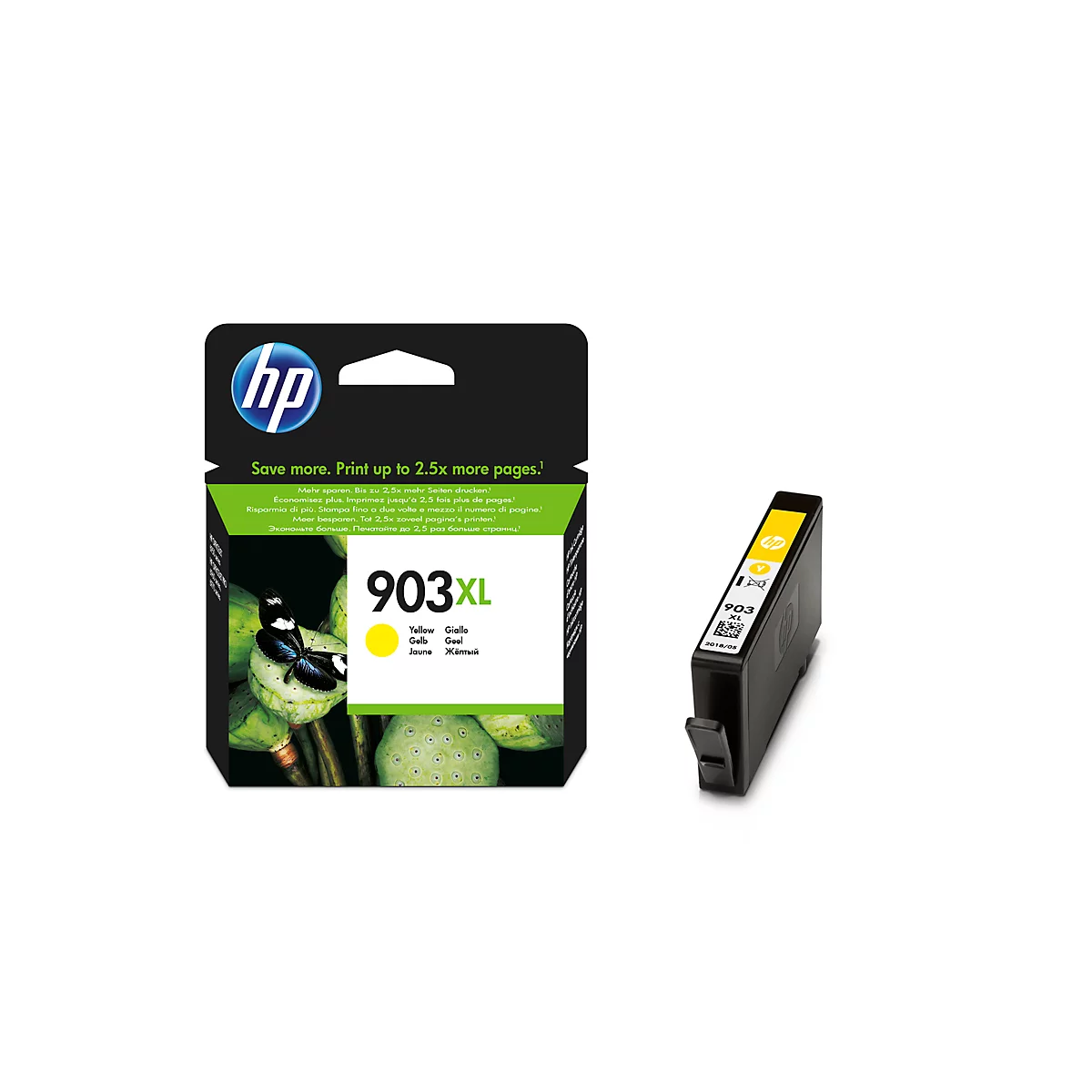 Yellow HP 903XL ink cartridge with packaging, detail shot.