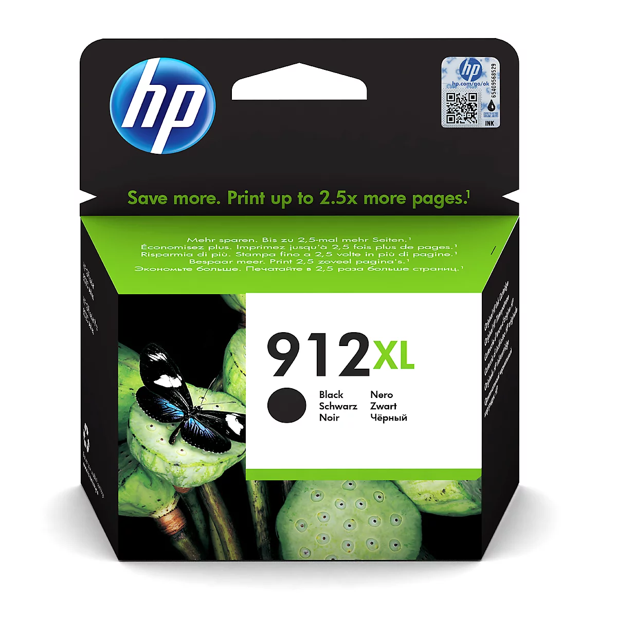 HP 912XL black ink cartridge. Printed text: Save more. Print up to 2.5x more pages!