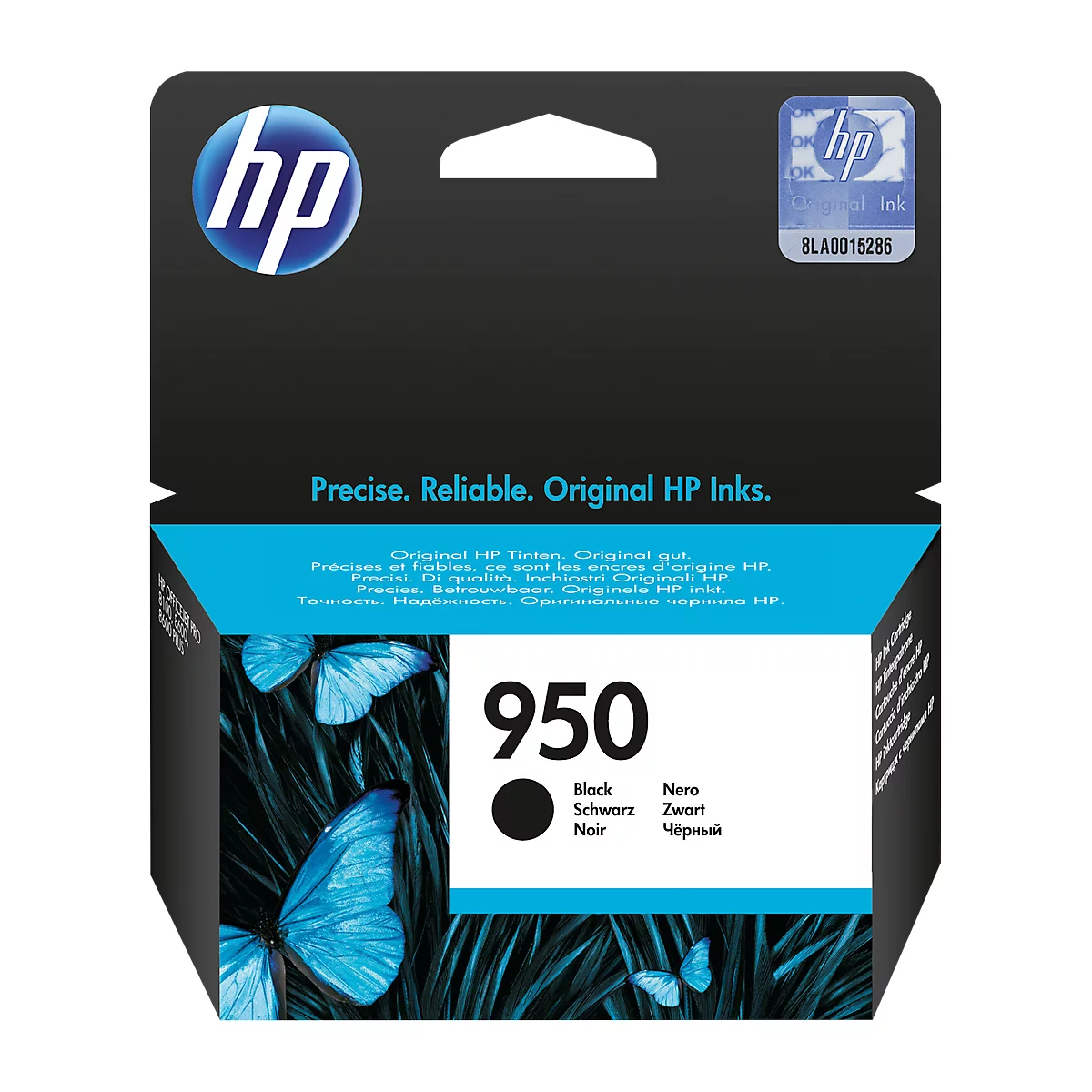 HP 950 black ink cartridge, with the black circle representing the ink.
