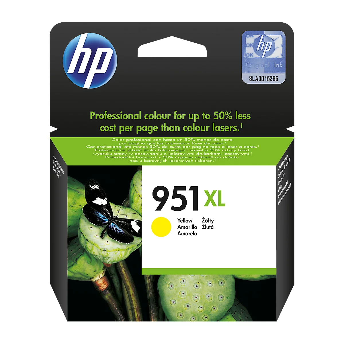 HP yellow ink cartridge. Text: 951XL, Yellow, Amarillo, Amarelo.