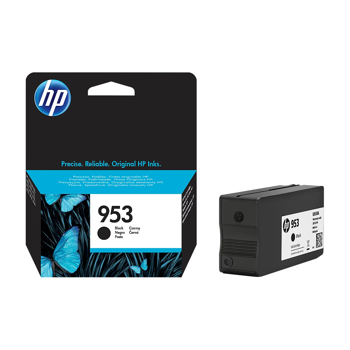 HP 953 black ink cartridge, butterfly design on packaging, and the cartridge itself.