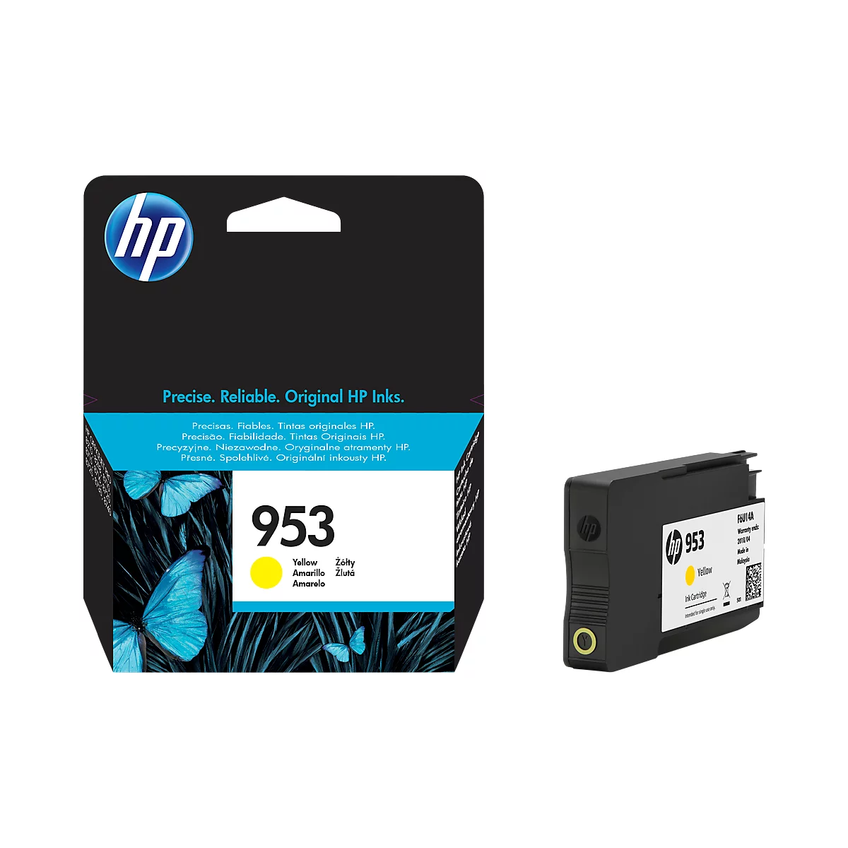 HP 953 yellow ink cartridge, package with product and detail view.