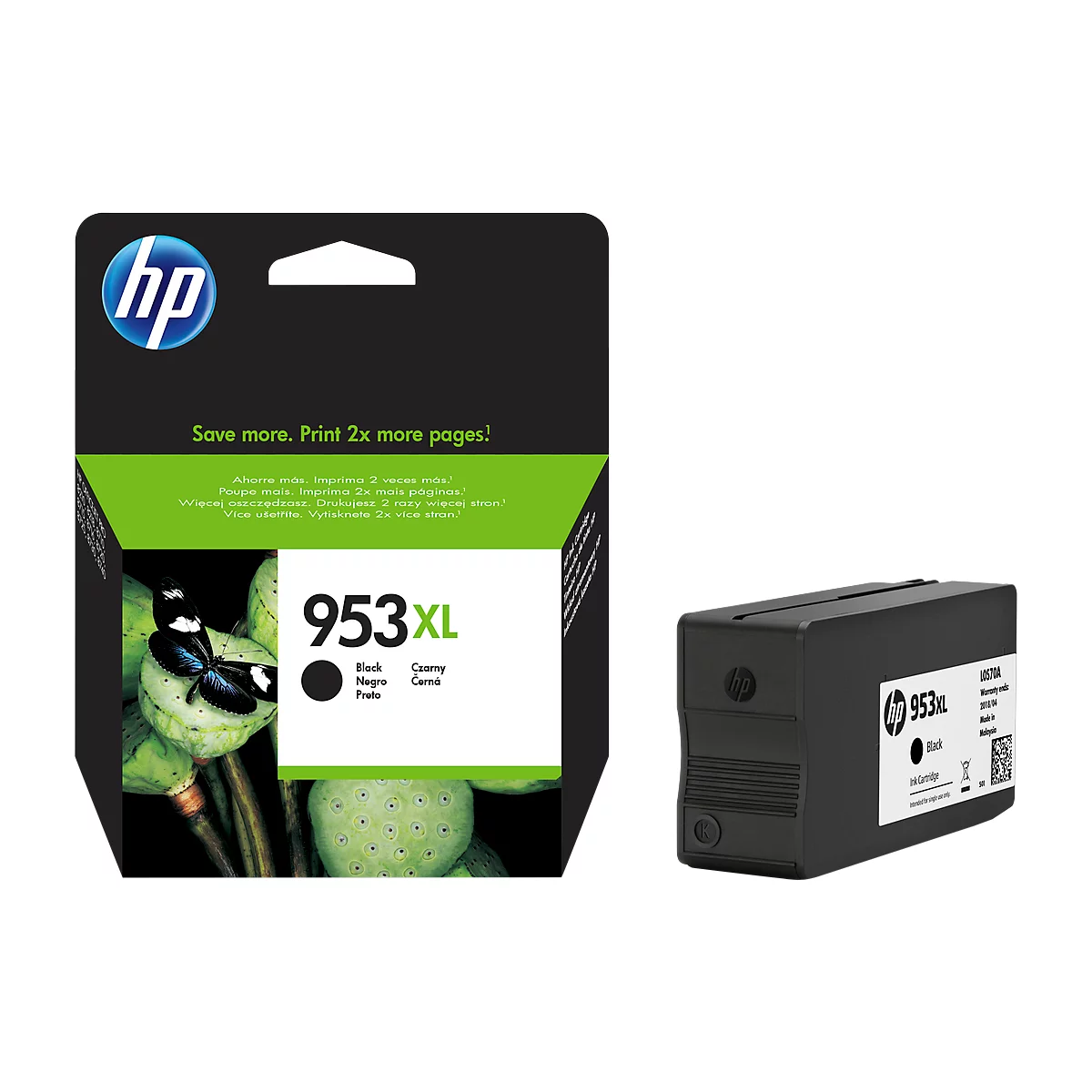 Black HP 953XL ink cartridge, on the right. The product packaging on the left.
