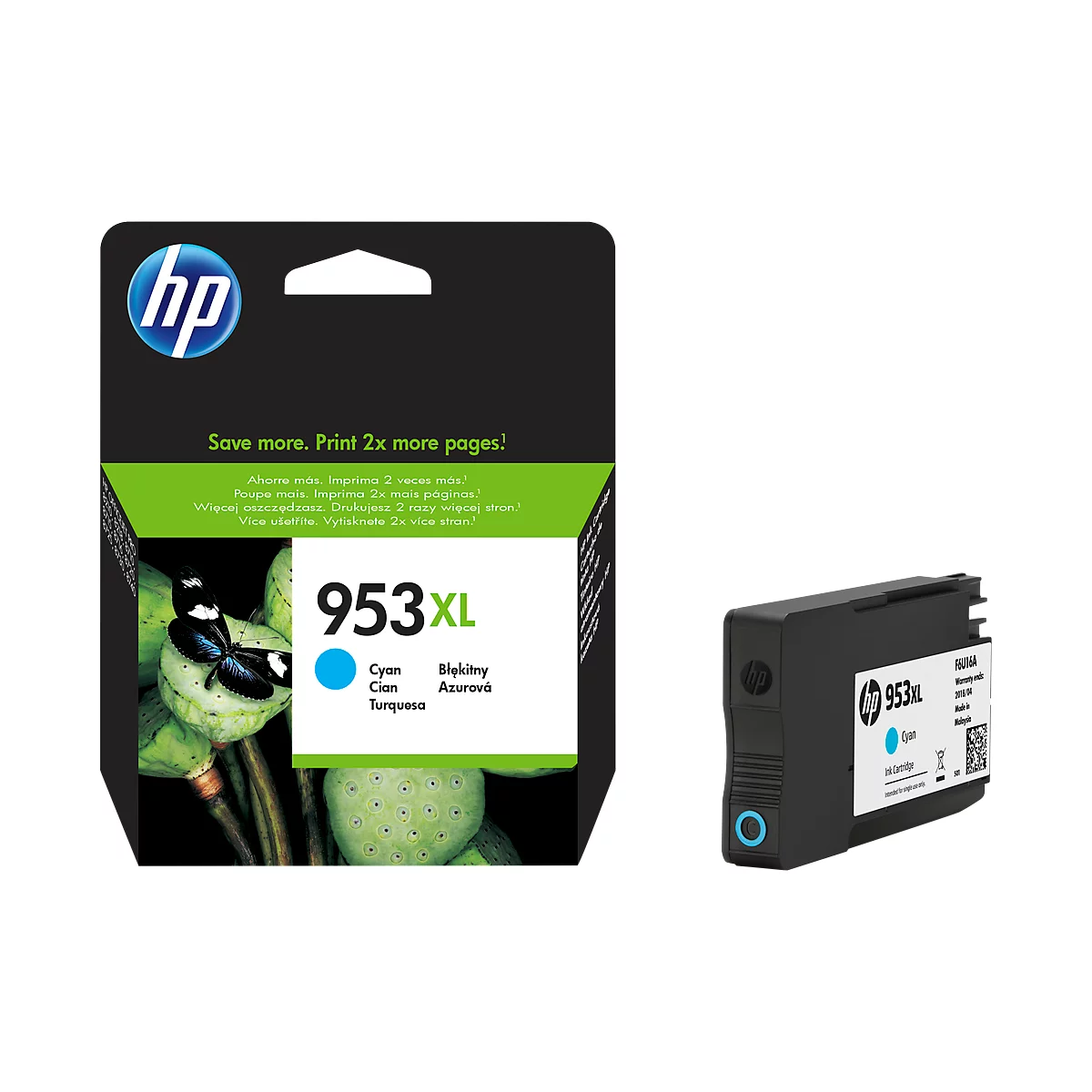 HP 953XL cyan ink cartridge, next to the packaging with butterfly motif and text.