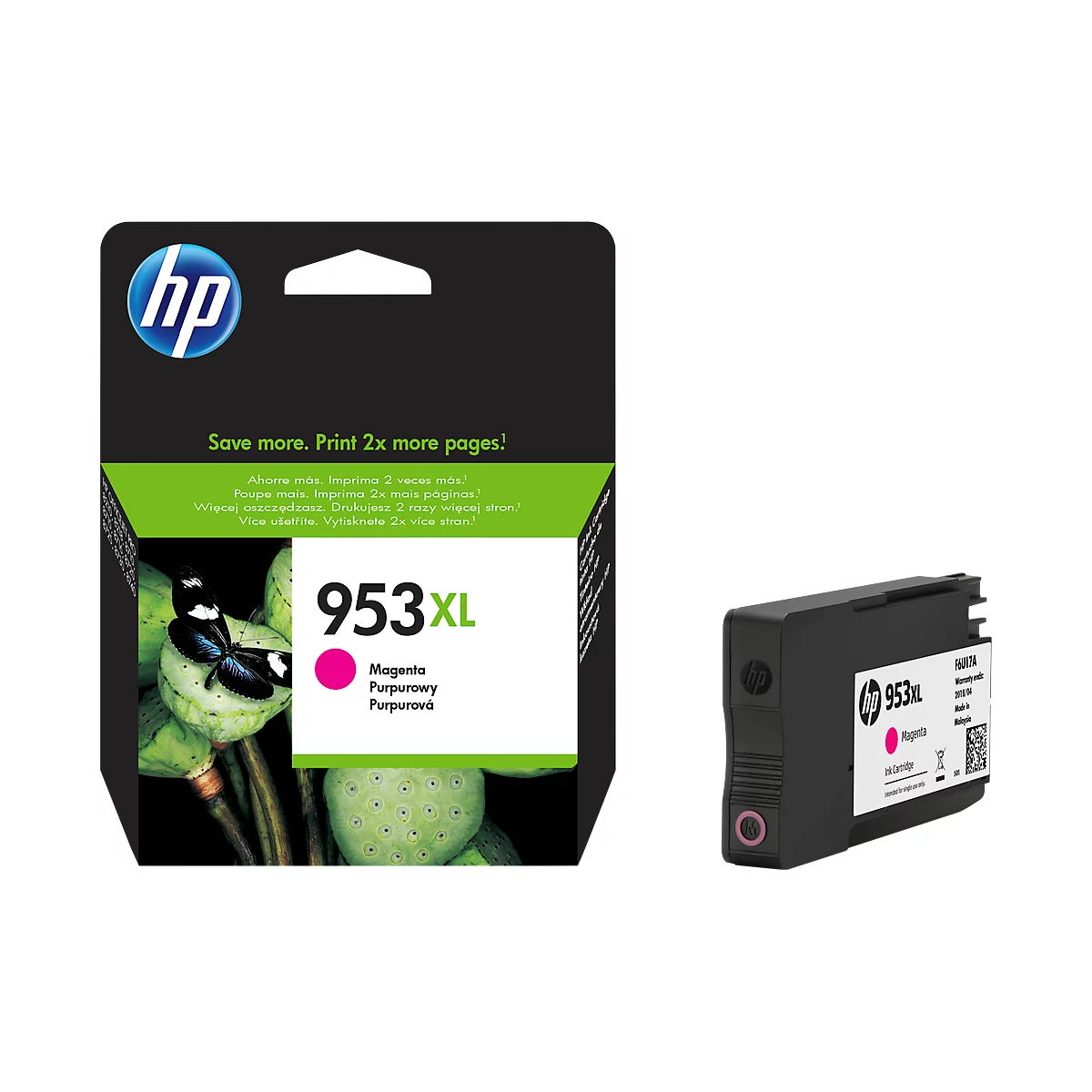 A black HP 953XL ink cartridge, right, and its packaging, left, with texts and a butterfly.