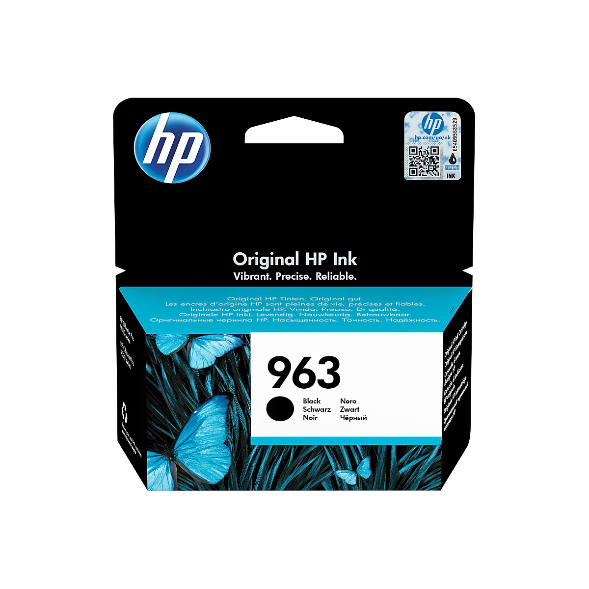 Black HP 963 ink cartridge with product labeling.