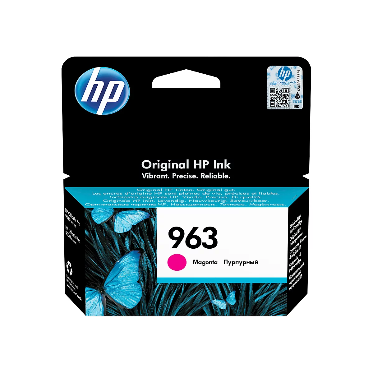 HP 963 magenta ink cartridge. Printed: Original HP Ink. Butterflies on a blue-green background.