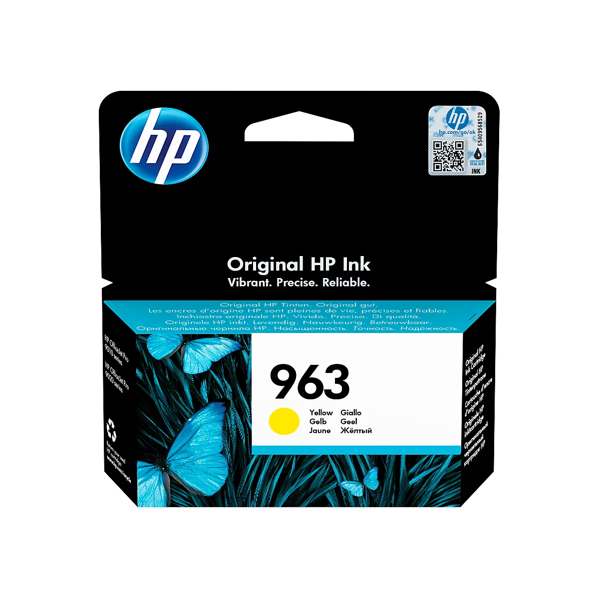 Yellow HP ink cartridge with the number 963, surrounded by a blue background and butterflies.