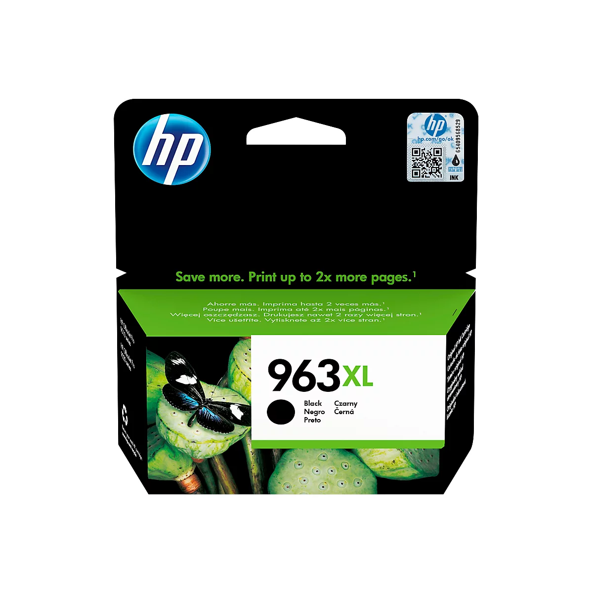 A black HP 963XL ink cartridge. Text says: "Save more. Print up to 2x more pages." and shows a butterfly on a green background.