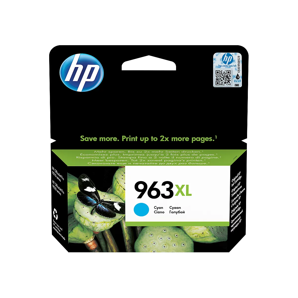 An HP 963XL cyan ink cartridge displayed with a drawing of a butterfly on green seed pods.