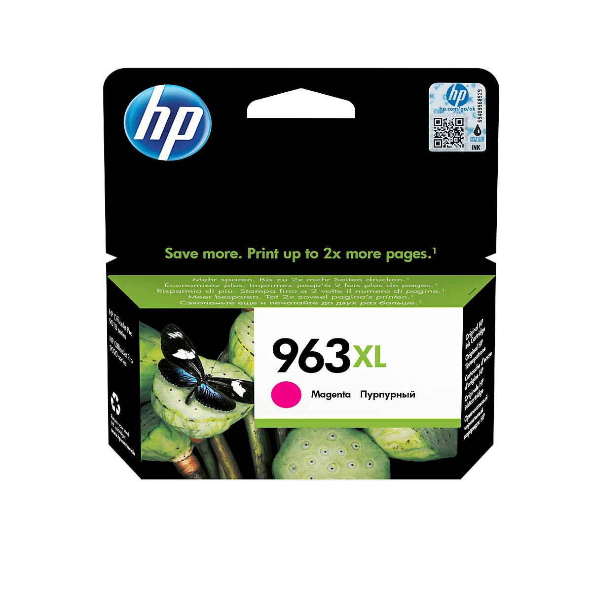 A magenta ink cartridge with the brand HP, labelled "963XL".