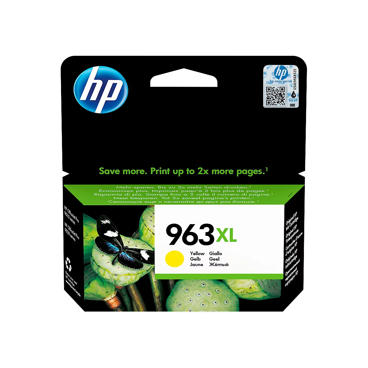 Yellow ink cartridge from HP. Inscription: 963XL. Yellow circle, text in several languages.