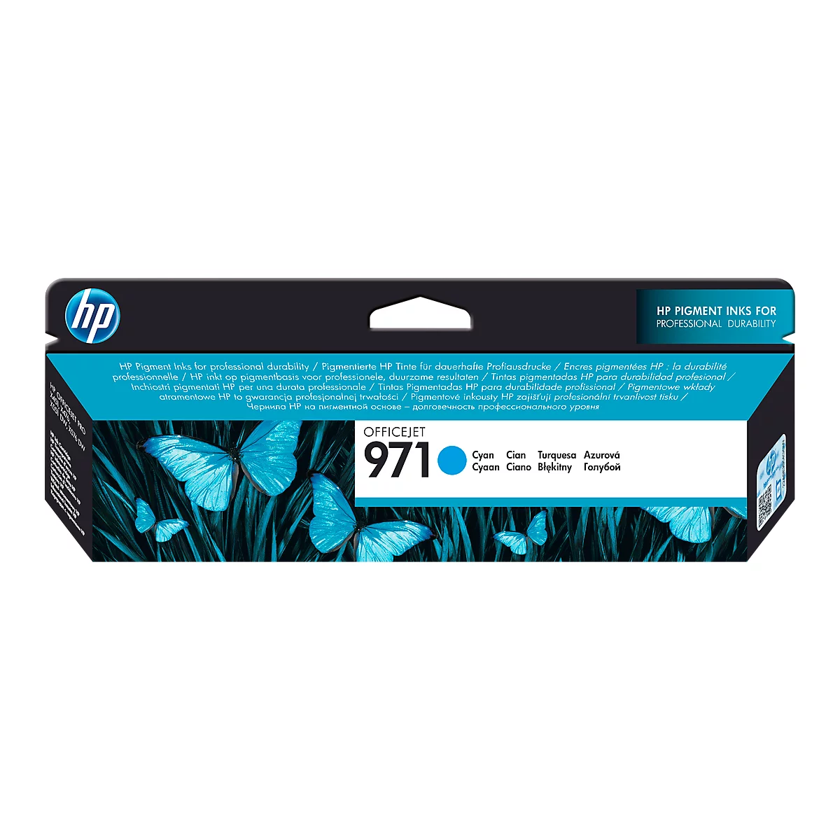 HP Officejet 971 cyan ink cartridge with butterfly design.