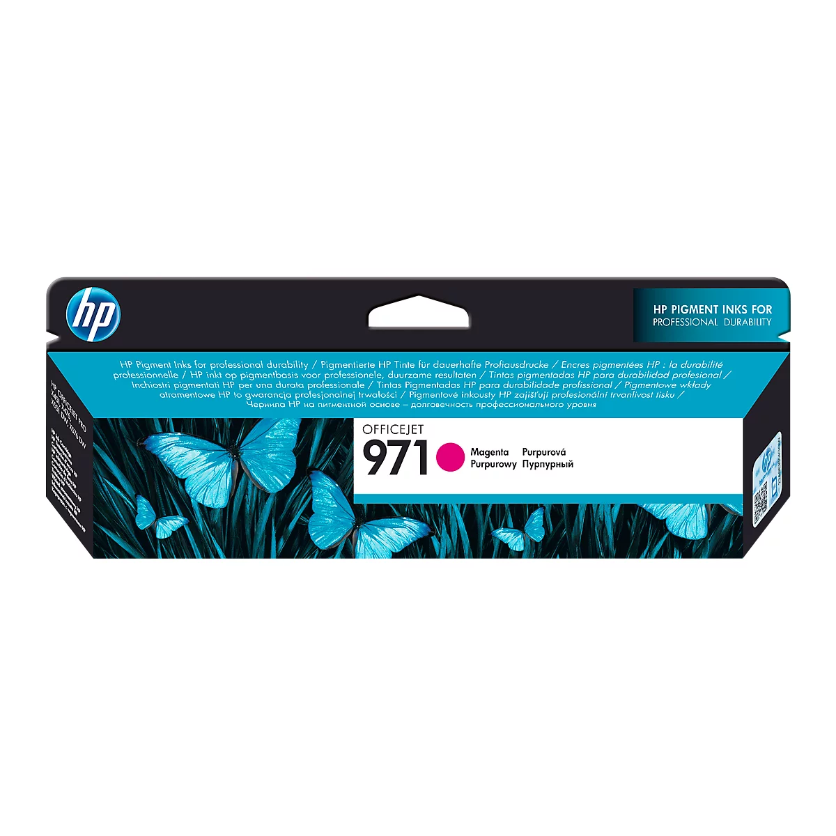 HP Officejet 971 magenta ink cartridge. Image of an opened package with blue butterflies and text.