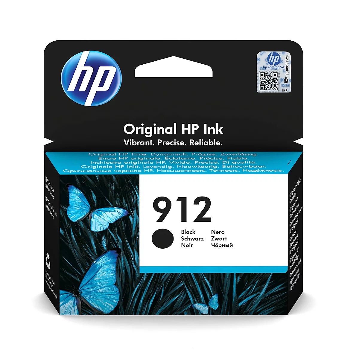 Black HP ink cartridge, model 912, with butterflies, set against a black background.