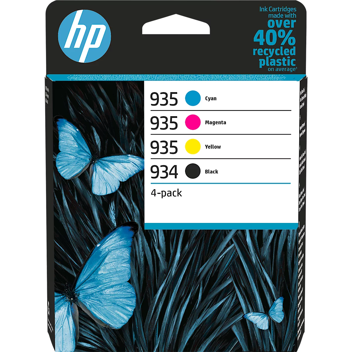 HP ink cartridges in a 4-pack, pictured with blue butterflies. The colors are cyan, magenta, yellow, and black.